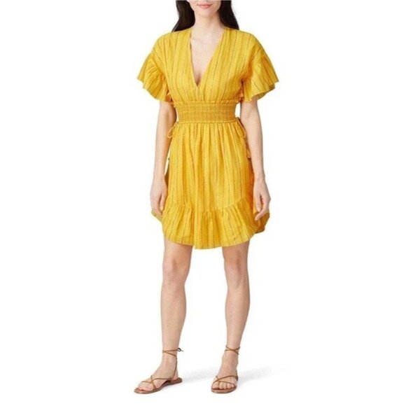 Saylor Dresses & Skirts - Saylor Adrianne Yellow Metallic Stripe Smocked V-Neck Mini Dress Size M